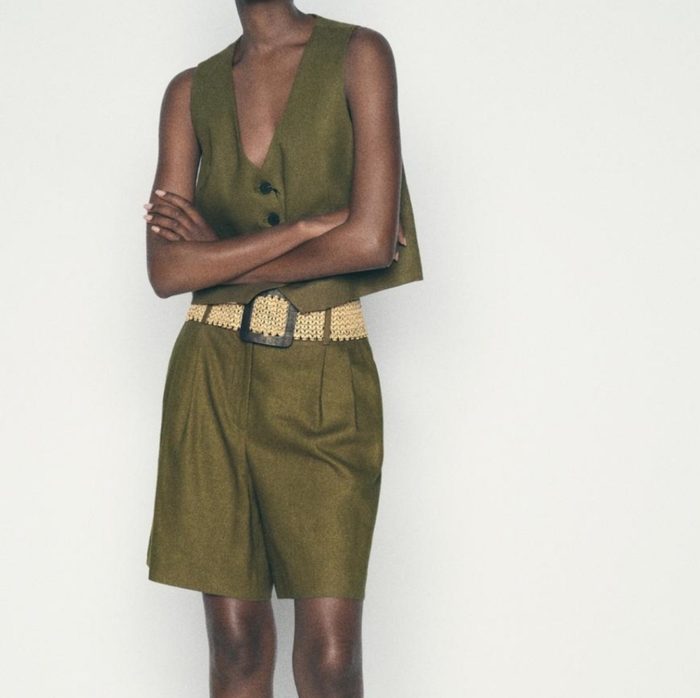 ZARA Women's Tailored Linen Blend Vest(Dark Khaki, US L / EUR L)